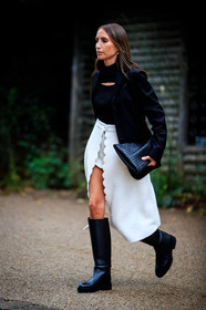 louliou, chloe loulou de saison, black jacket, black pullover, black leather boots, black leather clutch, white skirt, white shorts, asymetrical skirt, long skirt, tweed skirt, tweed shorts, flat boots, high boots, openwork pullover, plaited clutch, fashion week, frenchystyle, FW, jonathan paciullo, street style, PFW, PARIS, SPRING SUMMER 2021, SS 21, vertical, full length