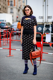animal print, black shoes, black skirt, black sweater, blue shoes, chloé, cut out, graphic skirt, graphic sweater, high heels, leather bag, leather shoes, madelynn furlong, necklace, printed skirt, printed sweater, red bag, sunglasses, PARIS, PFW, street style, jonathan paciullo, FW, frenchystyle, fashion week, AUTUMN WINTER 2019-2020, AW 19-20, FALL WINTER 2019-2020, FW 19-20, vertical, full length