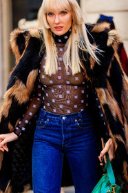 fur coat, black coat, beige coat, black top, monogrammed top, fendi top, turtleneck top, sheer top, blue jeans, golden earrings, dangling earrings, fashion week, frenchystyle, FW, jonathan paciullo, street style, MFW, MILAN, AUTUMN WINTER 2020-2021, FALL WINTER 2020-2021, FW 20-21, vertical, atmosphere details, detail