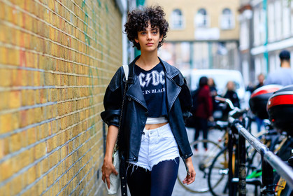 atmosphere details, black jacket, black t shirt, crop top, curly hair, denim shorts, detail, fashion week, frenchystyle, FW, horizontal, jonathan paciullo, leather jacket, LFW, LONDON, printed t shirt, SPRING SUMMER 2017, SS 17, street style, tights, white denim, woman