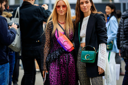 black dress, black jacket, blazer, Charlotte Groeneveld, chloé, erika boldrin, graphic dress, graphic pants, green bag, grey pants, lace top, leather bag, necklace, pink bag, pink dress, printed dress, printed pants, purple bag, ruffles, see through, sunglasses, trousers, white top, PARIS, PFW, street style, jonathan paciullo, FW, frenchystyle, fashion week, AUTUMN WINTER 2019-2020, AW 19-20, FALL WINTER 2019-2020, FW 19-20, horizontal, atmosphere details, detail
