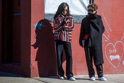 adidas, atmosphere details, AUTUMN WINTER 2016-2017, AW 16-17, blazer, embroidered jacket, fashion week, frenchystyle, full length, FW, FW 16-17, group of people, horizontal, jonathan paciullo, leather sneakers, man, NEW YORK, NYFW, ray ban, red jacket, stan smith, street style, striped jacket, striped pants, sunglasses, trousers, white sneakers, woman