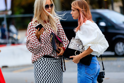 atmosphere details, black bag, blue denim, camera, Charlotte Groeneveld, chloe, denim pants, detail, dyed hair, fashion week, frenchystyle, FW, geometric, graphic skirt, graphic sweater, horizontal, jeans, jonathan paciullo, leather bag, PARIS, PFW, pink hair, printed skirt, printed sweater, red bag, red sweater, snake print, SPRING SUMMER 2017, SS 17, street style, striped skirt, striped sweater, studded bag, suede bag, sunglasses, trousers, white shirt