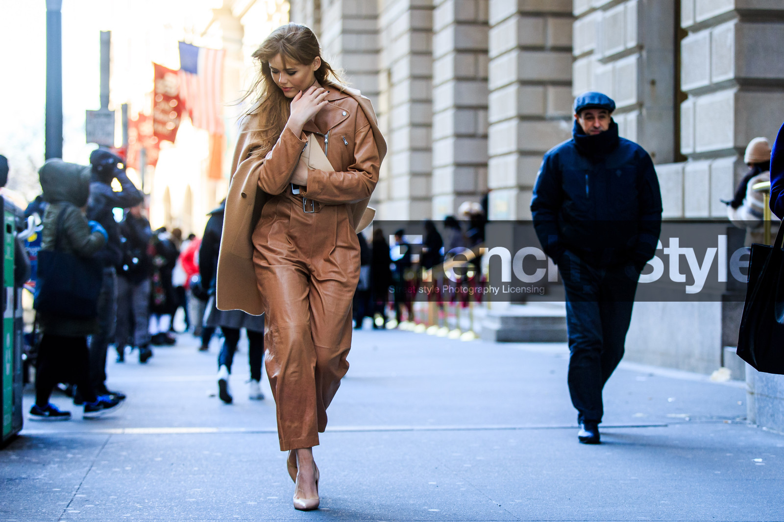 atmosphere details, AUTUMN WINTER 2016-2017, AW 16-17, beige coat, beige jumpsuit, beige pants, camel jacket, camel pants, camel perfecto, chocker, choke, fashion week, frenchystyle, full length, FW, FW 16-17, high heels, horizontal, jonathan paciullo, kristina bazan, leather belt, leather clutch, leather jacket, leather jumpsuit, leather pants, leather perfecto, leather shoes, necklace, NEW YORK, nude clutch, nude heels, NYFW, over the shoulder, street style, tone on tone, total look beige, woman