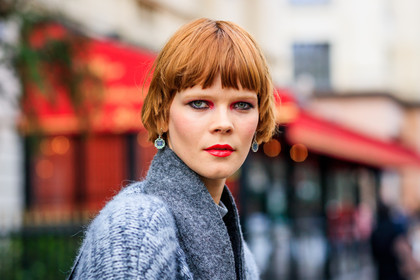 atmosphere details, AUTUMN WINTER 2017-2018, AW 17-18, detail, earrings, eyeliner, eyeshadow, FALL WINTER 2017-2018, fashion week, frenchystyle, FW, FW 17-18, grey cardigan, grey sweater, grey t shirt, horizontal, irina kravchenko, jonathan paciullo, model, PARIS, PFW, portrait, red lips, street style