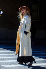 annie georgia greenberg, AUTUMN WINTER 2016-2017, AW 16-17, black dress, brown boots, brown hat, fashion week, fedora, frenchystyle, full length, FW, FW 16-17, high heels, jonathan paciullo, leather boots, long coat, NEW YORK, NYFW, street style, vertical, white coat, woman