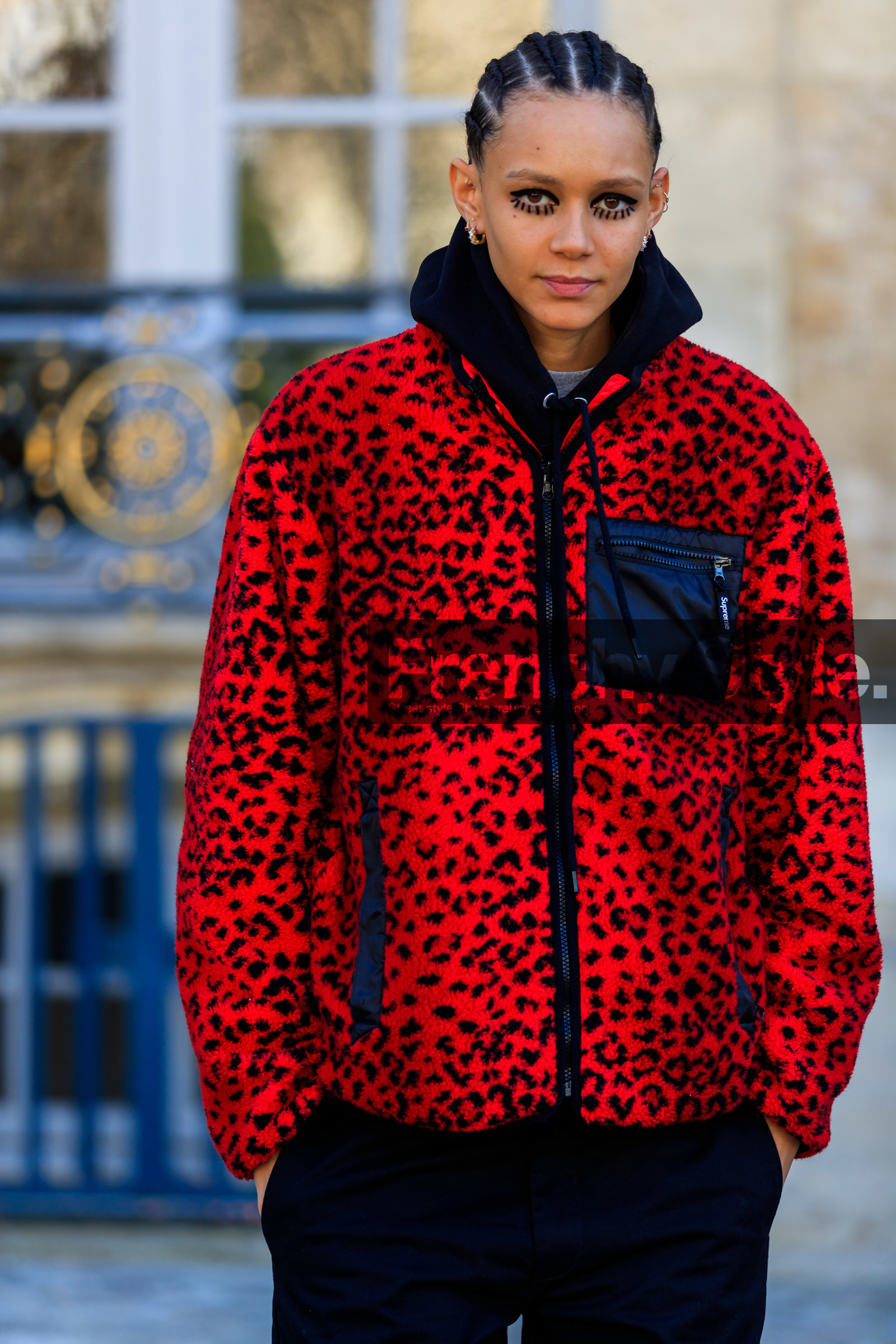 animal print, black pants, braids, earrings, eyeliner, graphic jacket, leona binx walton, leopard, model, printed jacket, red jacket, trousers, PARIS, PFW, street style, jonathan paciullo, FW, frenchystyle, fashion week, AUTUMN WINTER 2019-2020, AW 19-20, FALL WINTER 2019-2020, FW 19-20, vertical, atmosphere details, detail