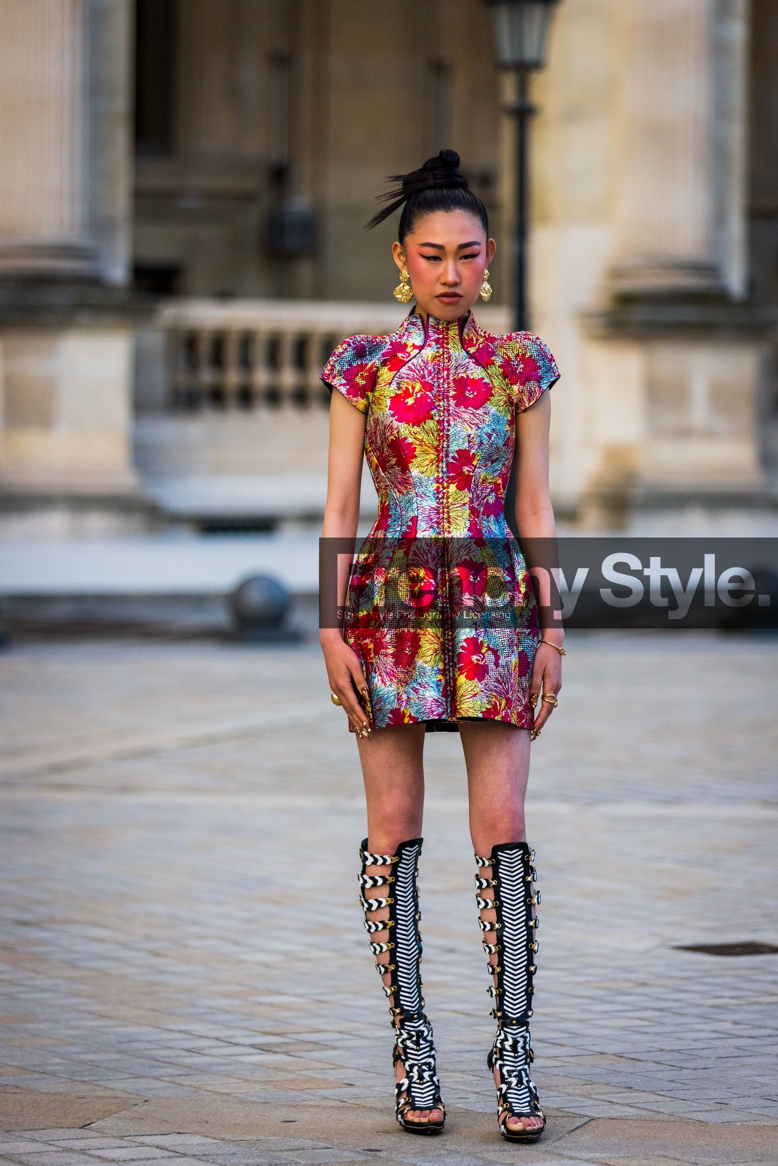 bicolor shoes, black sandals, dress, earrings, floral print, flower, gold earrings, high sandals, Jaime Xie, print, printed dress, red dress, sandals, short dress, yellow dress, fashion week, frenchystyle, FW, jonathan paciullo, street style, PFW, PARIS, SPRING SUMMER 2022, SS 22, vertical, full length