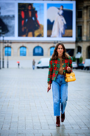 therese hellstrom, checked jacket, red jacket, green jacket, denim, light blue jeans, used jeans, flare jeans, yellow bag, polish bag, monogrammed bag, hand bag, louis vuitton bag, camel pullover, brown leather boots, brown suede boots, cropped jeans, fashion week, frenchystyle, FW, jonathan paciullo, street style, PFW, PARIS, SPRING SUMMER 2021, SS 21, vertical, full length