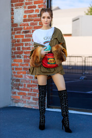 black shoes, brown fur, fanny pack, fashion week, frenchystyle, full length, FW, graphic bag, green jacket, gucci, high boots, high heels, jonathan paciullo, leather bag, leather shoes, MFW, MILAN, printed bag, printed t shirt, red bag, SPRING SUMMER 2018, SS 18, street style, vertical, white t shirt