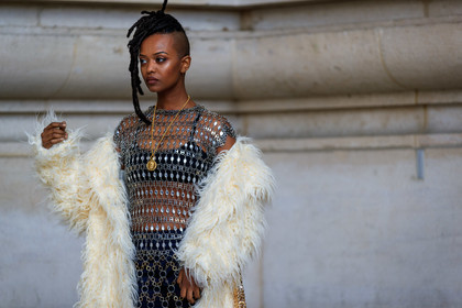 black bra, braids, fur jacket, graphic dress, metallic dress, necklace, off the shoulder, paco rabanne, printed dress, see through, shiny dress, silver dress, white fur, white jacket, PARIS, PFW, street style, jonathan paciullo, FW, frenchystyle, fashion week, AUTUMN WINTER 2019-2020, AW 19-20, FALL WINTER 2019-2020, FW 19-20, horizontal, atmosphere details, detail