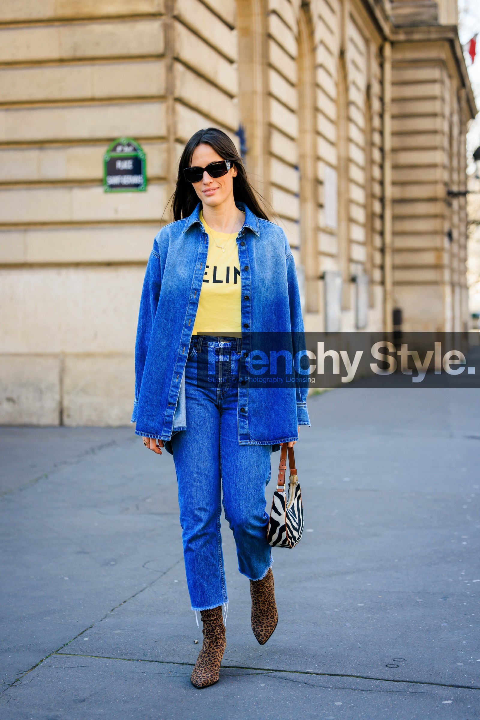 denim look, denim jacket, skinny jeans, celine tshirt, logo tshirt, printed tshirt, printed boots, animal print boots, black sunglasses, zebra bag, animal print bag, black sunglasses, leopard print glasses, astrid boutrot, street style, jonathan paciullo, FW, frenchystyle, fashion week, AUTUMN WINTER 2022-2023, FALL WINTER 2022_2023, FW 22-23, PFW, PARIS, full length, vertical