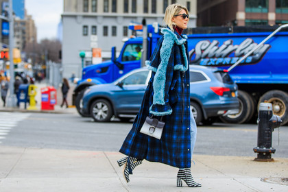 atmosphere details, AUTUMN WINTER 2016-2017, AW 16-17, black and white, blue, blue coat, blue denim, blue fur, checked boots, checked coat, denim jacket, denim pants, fashion week, frenchystyle, full length, fur collar, FW, FW 16-17, graphic shoes, grey, grey bag, high boots, high heels, horizontal, jeans, jonathan paciullo, leather bag, NEW YORK, NYFW, patchwork, plaid, sofie valkiers, street style, sunglasses, trousers, turtleneck sweater, woman
