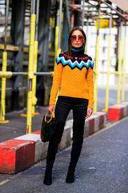black bag, black denim, black shoes, denim pants, fendi, geraldine boublil, high boots, high heels, jeans, leather bag, leather shoes, orange sweater, sunglasses, trousers, fashion week, frenchystyle, FW, jonathan paciullo, street style, LFW, LONDON, SPRING SUMMER 2019, SS 19, vertical, full length