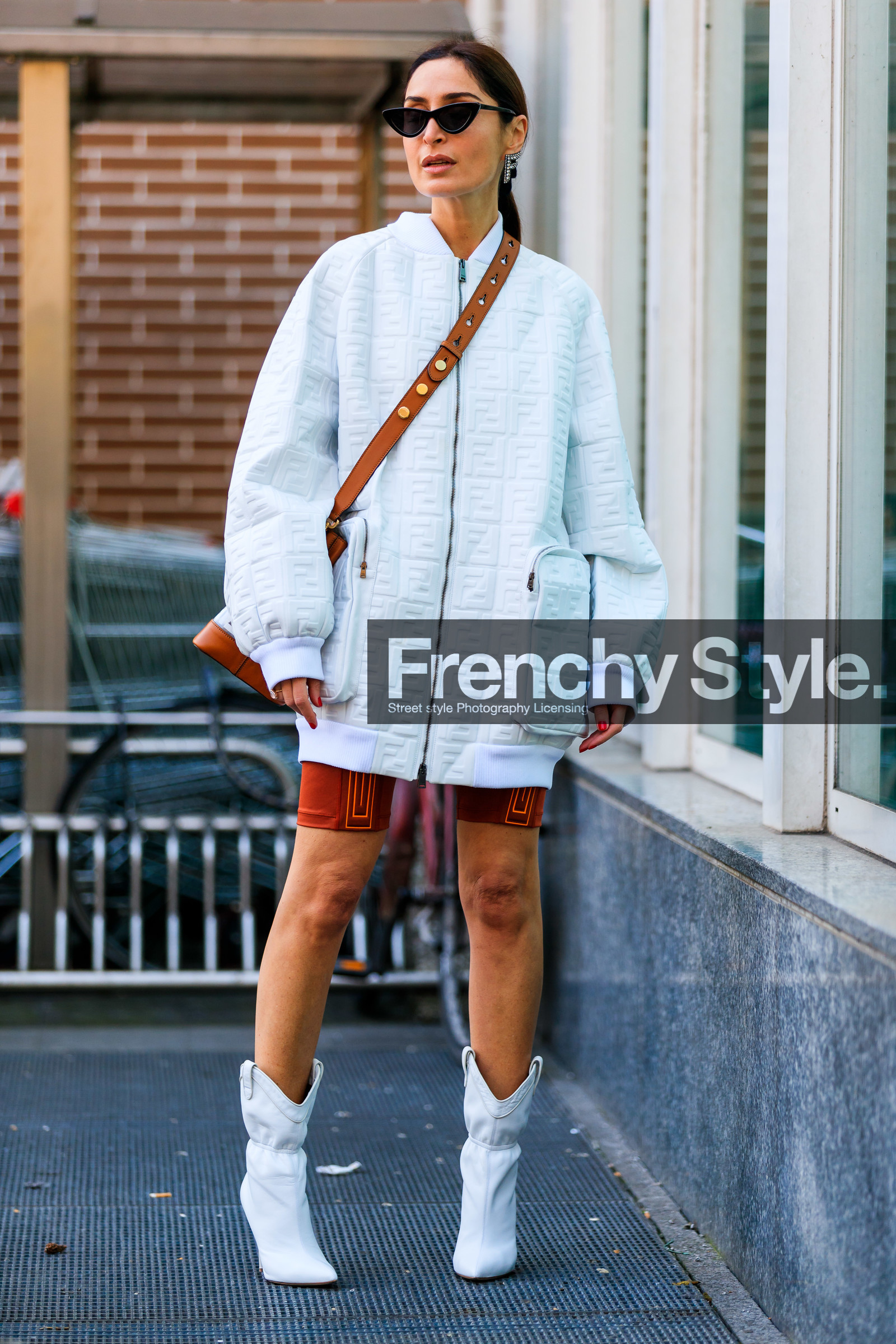 bomber jacket, fendi, geraldine boublil, leather jacket, leather shoes, monogram, sunglasses, white jacket, white shoes, MILAN, MFW, fashion week, frenchystyle, FW, jonathan paciullo, street style, AUTUMN WINTER 2019-2020, AW 19-20, FALL WINTER 2019-2020, FW 19-20, vertical, full length