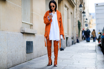 atmosphere details, AUTUMN WINTER 2017-2018, AW 17-18, FALL WINTER 2017-2018, fashion week, frenchystyle, full length, FW, FW 17-18, high boots, high heels, horizontal, jonathan paciullo, leather shoes, orange jacket, orange shoes, PARIS, PFW, street style, suede jacket, sunglasses, white shirt, yoyo cao