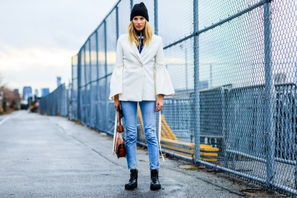 atmosphere details, AUTUMN WINTER 2016-2017, AW 16-17, black beanie, black sneakers, blue denim, brown bag, denim pants, fashion week, frenchystyle, full length, FW, FW 16-17, horizontal, jeans, jonathan paciullo, leather bag, leather sneakers, NEW YORK, NYFW, oversize, pompons, street style, trousers, veronika heilbrunner, white jacket, woman