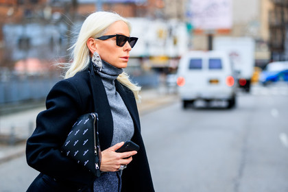 balenciaga, black bag, black coat, earrings, graphic bag, grey sweater, leather bag, printed bag, sunglasses, street style, jonathan paciullo, FW, frenchystyle, fashion week, NYFW, NEW YORK, AUTUMN WINTER 2018-2019, AW 18-19, FALL WINTER 2018-2019, FW 18-19, atmosphere details, horizontal, detail