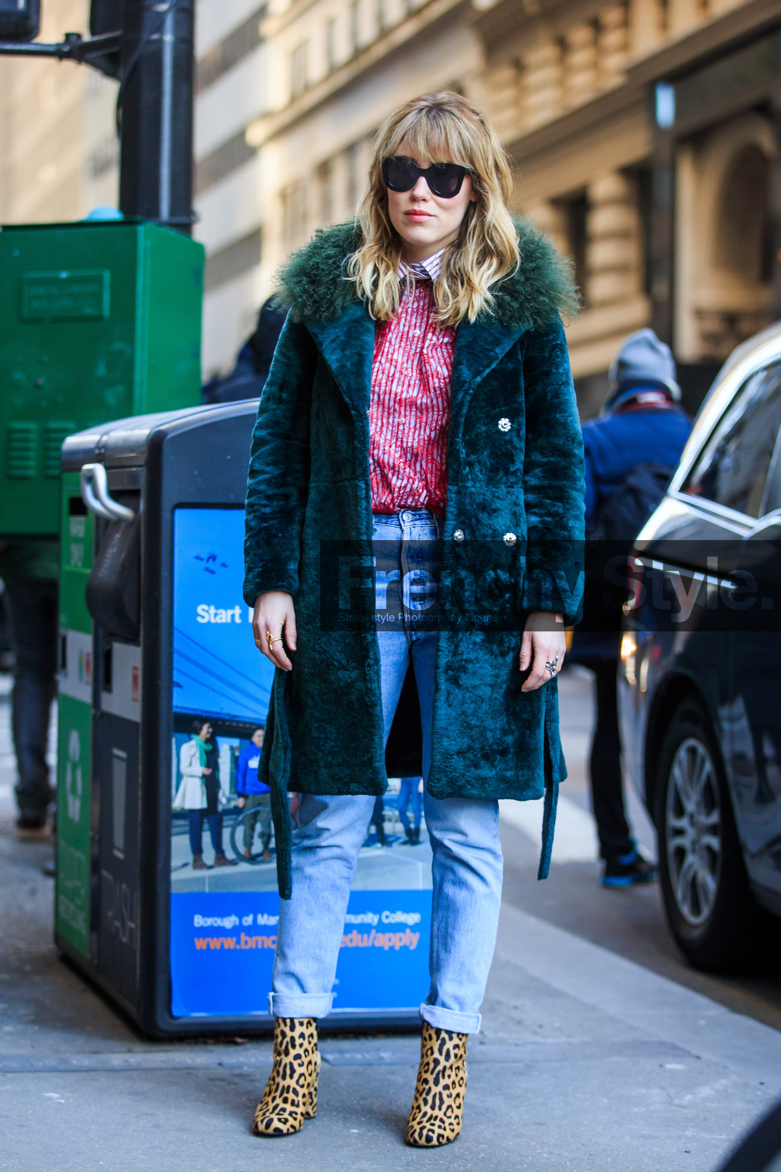 animal print, Annabel Rosendahl, AUTUMN WINTER 2016-2017, AW 16-17, blue, blue denim, camel, denim pants, embroidered shirt, emerald, fashion week, frenchystyle, full length, fur coat, fur collar, FW, FW 16-17, green, green coat, green fur, high heels, jeans, jonathan paciullo, lace shirt, leather boots, leopard print, NEW YORK, NYFW, red, red shirt, street style, striped shirt, sunglasses, trousers, vertical, woman