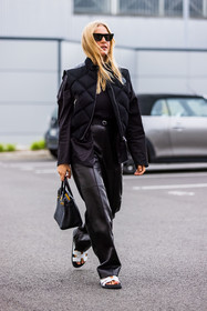 bag, black bag, black jacket, black pants, black shirt, black sunglasses, flare pants, hermes look, jacket, leather bag, leather pants, leather sandals, pants, quilted jacket, sandals, shirt, sunglasses, white sandals, PARIS, PFW, fashion week, frenchystyle, FW, jonathan paciullo, street style, SPRING SUMMER 2022, SS 22, vertical, full length