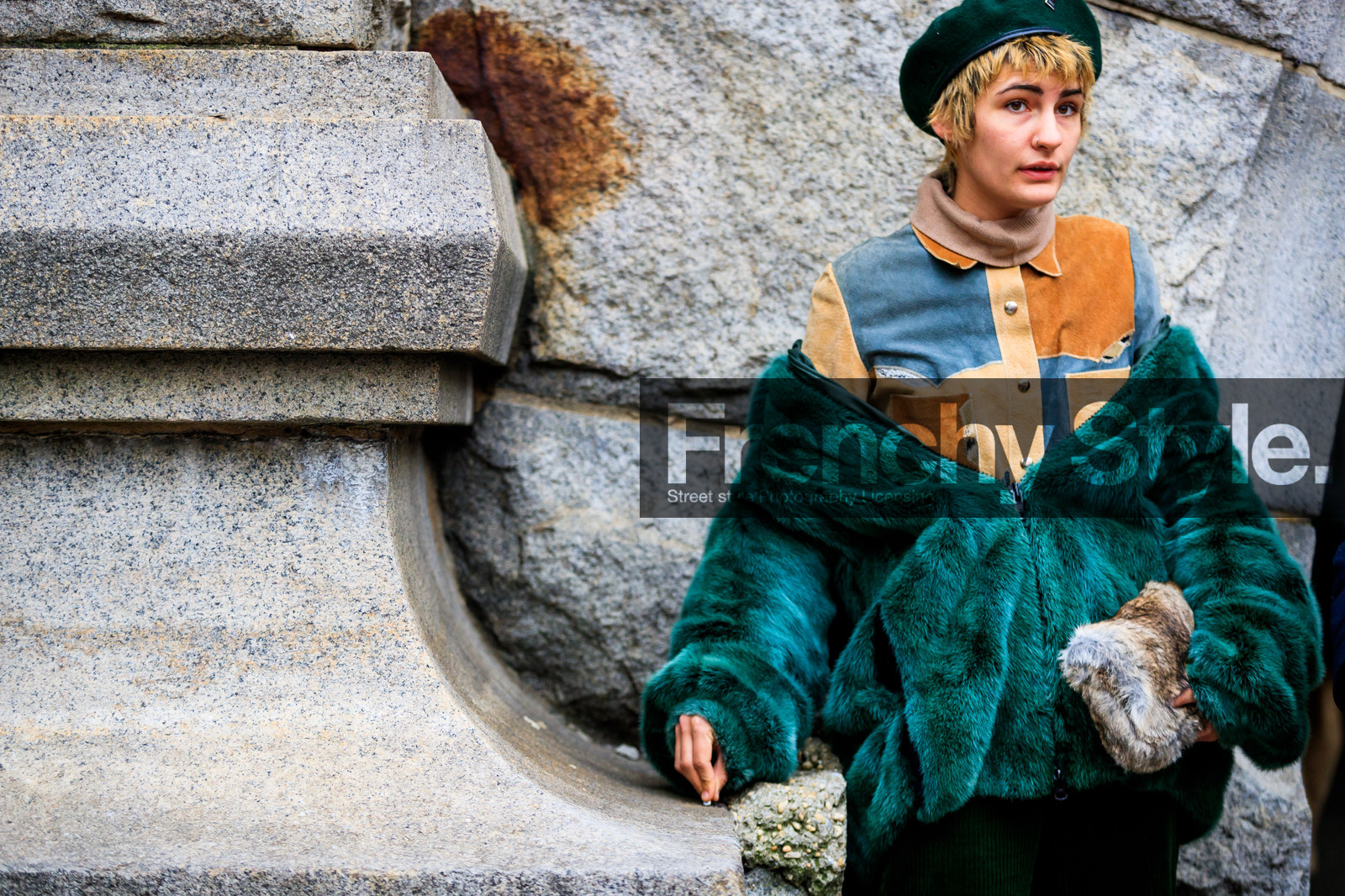 beret, brown bag, brown shirt, corduroy, fur bag, fur jacket, green fur, green hat, green jacket, green pants, leather shirt, patchwork, trousers, street style, jonathan paciullo, FW, frenchystyle, fashion week, NYFW, NEW YORK, AUTUMN WINTER 2018-2019, AW 18-19, FALL WINTER 2018-2019, FW 18-19, atmosphere details, horizontal, detail