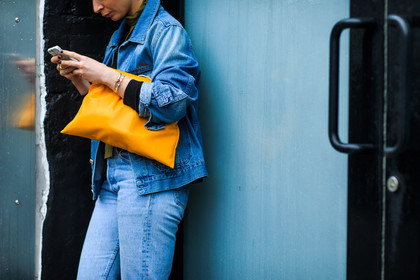 atmosphere details, AUTUMN WINTER 2016-2017, AW 16-17, blue denim, bracelet, céline, denim jacket, denim pants, detail, fashion week, frenchystyle, FW, FW 16-17, high heels, horizontal, iphone, irina lakicevic, jeans, jonathan paciullo, kaki scarf, leather bag, NEW YORK, NYFW, street style, trousers, woman, yellow bag, yellow sandals
