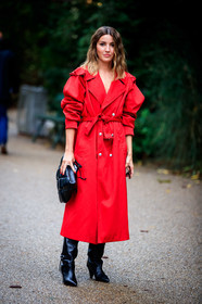 red trench coat, belted trench coat, black leather boots, black leather clutch, high boots, plaited clutch, fashion week, frenchystyle, FW, jonathan paciullo, street style, PFW, PARIS, SPRING SUMMER 2021, SS 21, vertical, full length
