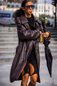 aviator sunglasses, biker short, black knitwear, black short, burgundy coat, coat, leather coat, sunglasses, umbrella, yellow bag, fashion week, frenchystyle, FW, jonathan paciullo, street style, PFW, PARIS, SPRING SUMMER 2022, SS 22, vertical, atmosphere details
