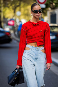 asymetrical knitwear, bag, black bag, black sunglasses, cut out pants, denim, earrings, Hilda Sandstrom, jean, knitwear, light blue denim, light blue jean, red knitwear, sunglasses, street style, jonathan paciullo, FW, frenchystyle, fashion week, PFW, PARIS, SPRING SUMMER 2022, SS 22, vertical, atmosphere details