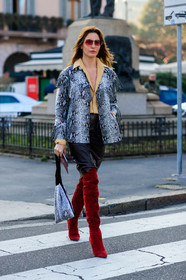 animal print, beige shirt, brown skirt, ece sukan, fringes, graphic bag, graphic jacket, grey bag, grey jacket, high boots, high heels, leather bag, leather jacket, leather shoes, leather skirt, printed bag, printed jacket, red boots, snake print, suede shoes, sunglasses, trousers, MILAN, MFW, fashion week, frenchystyle, FW, jonathan paciullo, street style, AUTUMN WINTER 2019-2020, AW 19-20, FALL WINTER 2019-2020, FW 19-20, vertical, full length