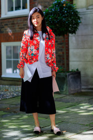 black pants, black shorts, fashion week, floral, flowers, frenchystyle, full length, FW, jacquemus, jonathan paciullo, leather bag, leather shoes, LFW, LONDON, pink bag, pink shoes, printed jacket, red jacket, SPRING SUMMER 2018, SS 18, street style, vertical, white shirt