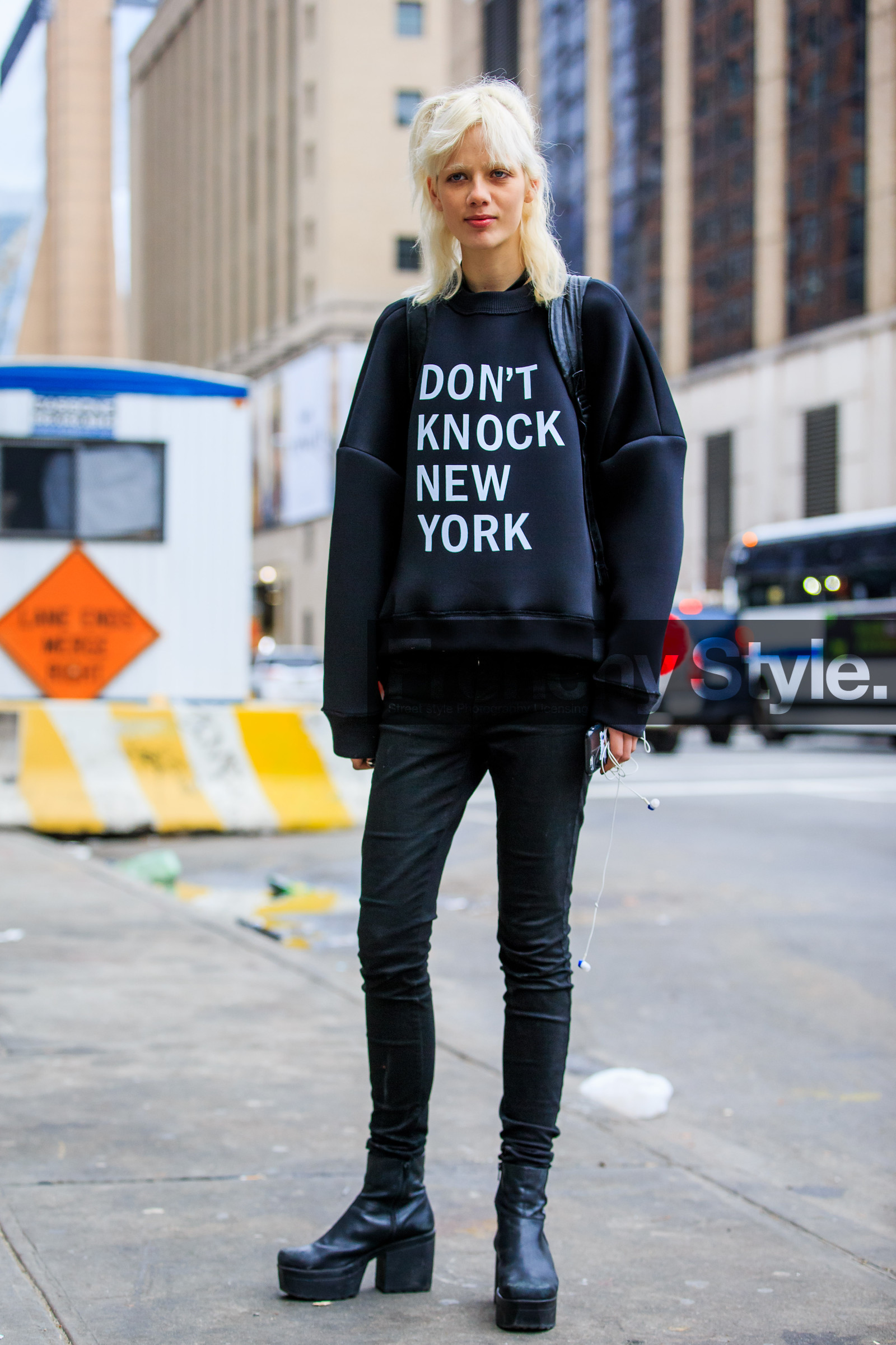 AUTUMN WINTER 2016-2017, AW 16-17, backpack, black boots, black denim, black sweater, denim pants, fashion week, frenchystyle, full length, FW, FW 16-17, high heels, jeans, jonathan paciullo, leather boots, marjan jonkman, message, model, NEW YORK, NYFW, printed sweater, street style, trousers, vertical, woman