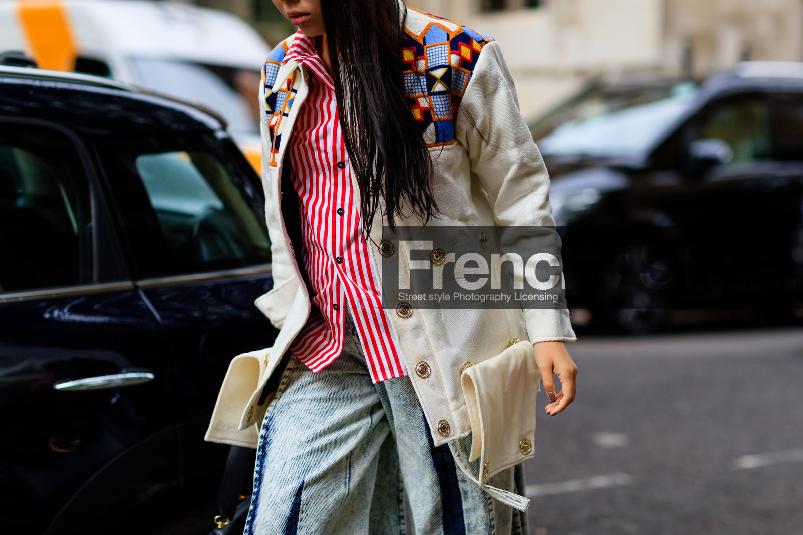 atmosphere details, beige jacket, blue denim, denim pants, detail, embroidered jacket, fashion week, frenchystyle, FW, horizontal, jeans, jonathan paciullo, LFW, LONDON, patchwork, red shirt, SPRING SUMMER 2017, SS 17, street style, striped shirt, susie lau, trousers, woman