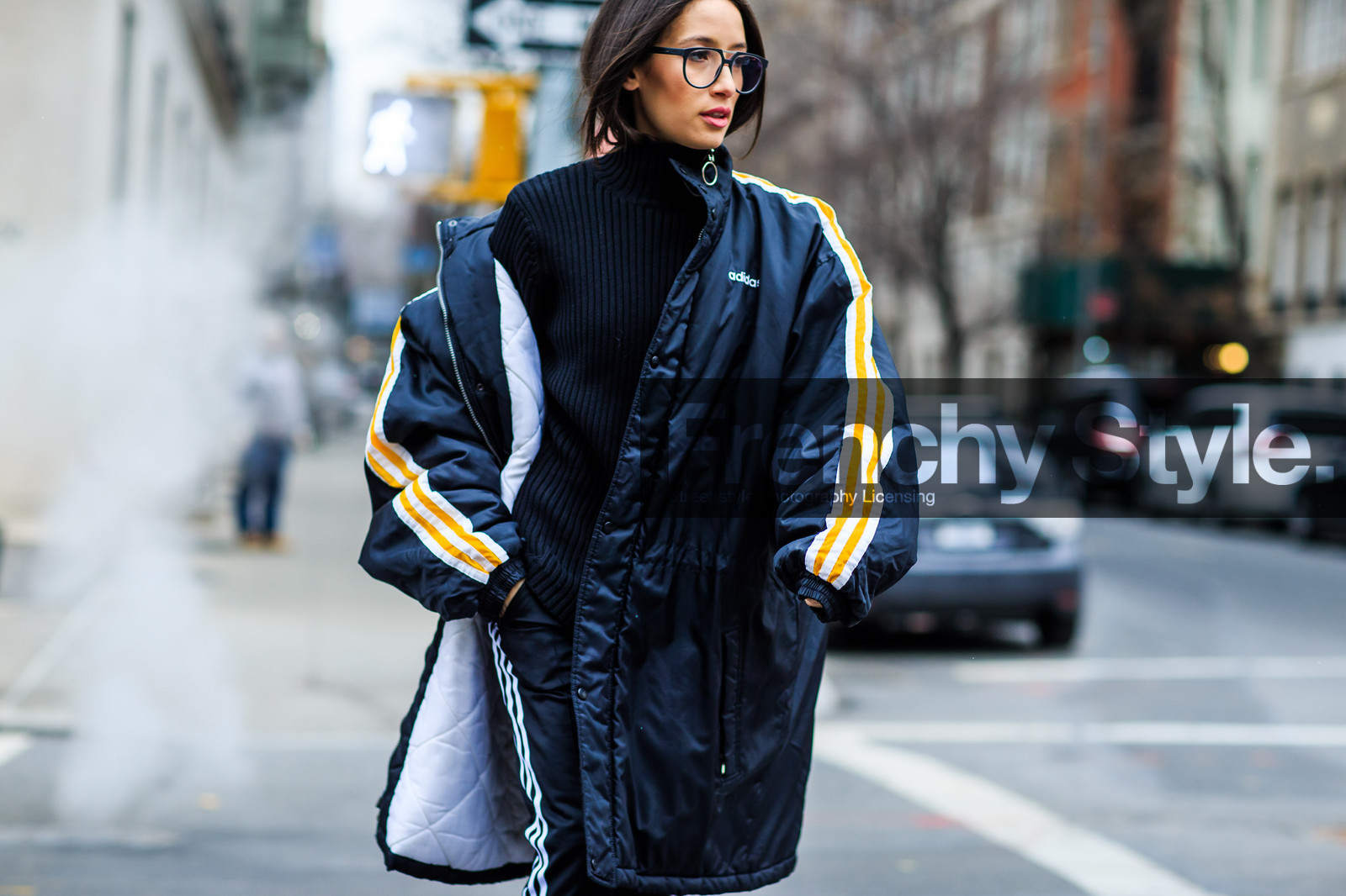 adidas, atmosphere details, AUTUMN WINTER 2016-2017, AW 16-17, black boots, black coat, black jacket, black pants, black sweater, christian louboutin, detail, down jacket, fashion week, frenchystyle, FW, FW 16-17, high heels, high hell, horizontal, jonathan paciullo, leather boots, NEW YORK, NYFW, street style, striped pants, tone on tone, total look black, trousers, turtleneck sweater, woman