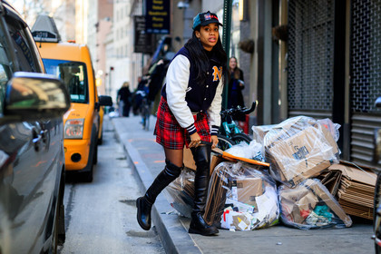 american, black cap, black shoes, checked, graphic jacket, graphic skirt, high boots, leather shoes, plaid, pleated skirt, printed jacket, printed skirt, red skirt, tartan, teddy jacket, street style, jonathan paciullo, FW, frenchystyle, fashion week, NYFW, NEW YORK, AUTUMN WINTER 2018-2019, AW 18-19, FALL WINTER 2018-2019, FW 18-19, atmosphere details, horizontal, full length, jan-michael quammie
