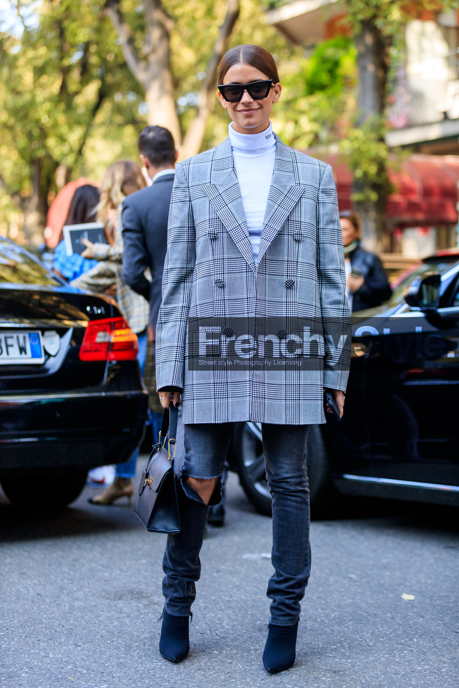 amanda weiner, black bag, black denim, black shoes, blazer, calvin klein, checked jacket, denim pants, fashion week, frenchystyle, full length, FW, graphic jacket, grey jacket, high heels, jeans, jonathan paciullo, leather bag, leather shoes, MFW, MILAN, plaid, printed jacket, SPRING SUMMER 2018, SS 18, street style, sunglasses, trousers, turtleneck sweater, vertical, white top