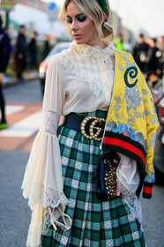 beige shirt, black bag, black belt, bomber jacket, checked, embroideries, golden details, graphic bag, graphic jacket, graphic skirt, green skirt, gucci, leather bag, leather belt, over the shoulder, pearls, plaid, pleated skirt, printed bag, printed jacket, printed skirt, studs, tartan, white blouse, yellow jacket, fashion week, frenchystyle, FW, jonathan paciullo, street style, MFW, MILAN, AUTUMN WINTER 2019-2020, AW 19-20, FALL WINTER 2019-2020, FW 19-20, vertical, atmosphere details, detail