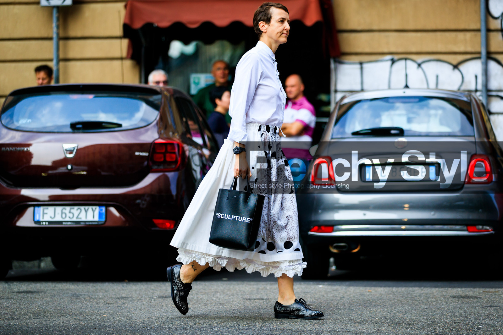 black bag, black shoes, graphic bag, graphic skirt, leather bag, leather shoes, off white, printed bag, printed skirt, sarah lerfel, watch, white shirt, white skirt, fashion week, frenchystyle, FW, jonathan paciullo, street style, MFW, MILAN, SPRING SUMMER 2019, SS 19, atmosphere details, horizontal, full length