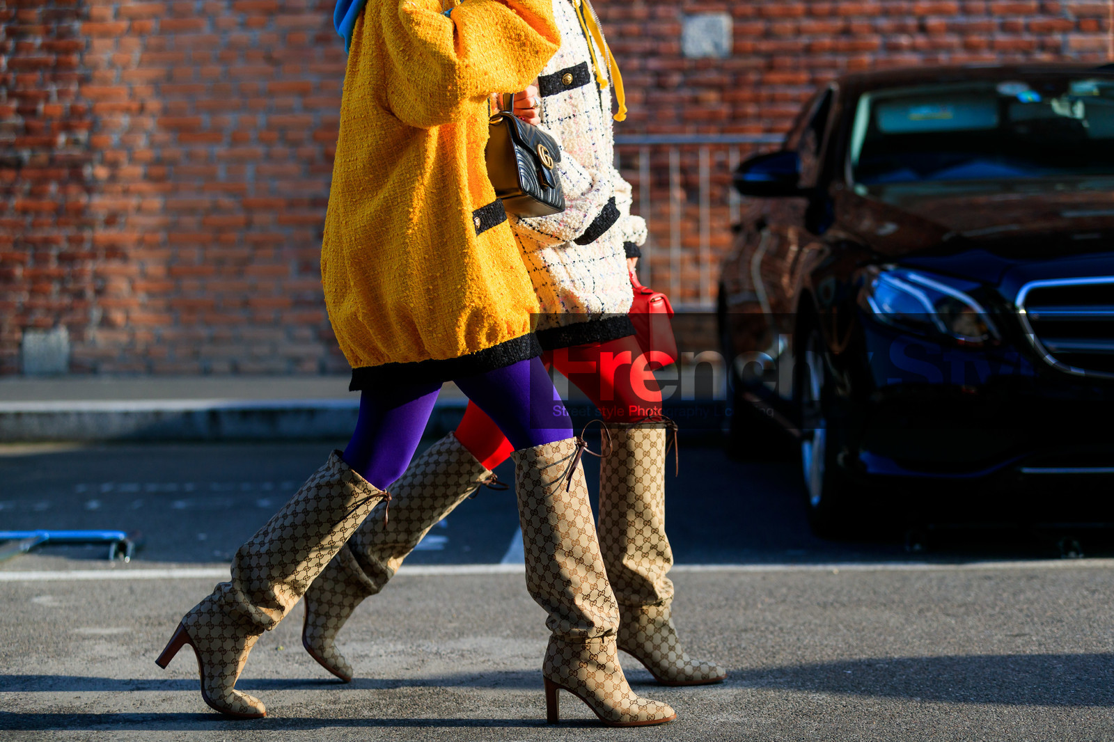 Ami and Aya Suzuki, beige boots, black bag, checked, graphic jacket, gucci, high boots, high heels, leather bag, leather shoes, monogram, plaid, printed jacket, tights, tweed jacket, white jacket, yellow jacket, fashion week, frenchystyle, FW, jonathan paciullo, street style, MFW, MILAN, AUTUMN WINTER 2019-2020, AW 19-20, FALL WINTER 2019-2020, FW 19-20, atmosphere details, detail, horizontal