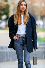 denim pants, grey denim, grey jacket, jeans, leather bag, metallic bag, paco rabanne, pernille teisbaek, sequined belt, shiny bag, silver bag, trousers, white t shirt, PARIS, PFW, street style, jonathan paciullo, FW, frenchystyle, fashion week, AUTUMN WINTER 2019-2020, AW 19-20, FALL WINTER 2019-2020, FW 19-20, vertical, atmosphere details, detail