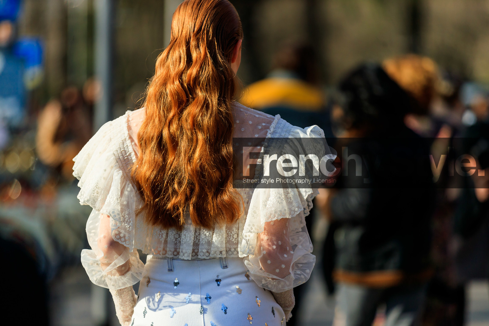 crop top, denim pants, embroidered jeans, glitter, graphic pants, jeans, lace top, printed pants, pulled back hair, ruffles, satin stitch, see through, sequined pants, trousers, white denim, white top, MILAN, MFW, fashion week, frenchystyle, FW, jonathan paciullo, street style, AUTUMN WINTER 2019-2020, AW 19-20, FALL WINTER 2019-2020, FW 19-20, atmosphere details, detail, horizontal