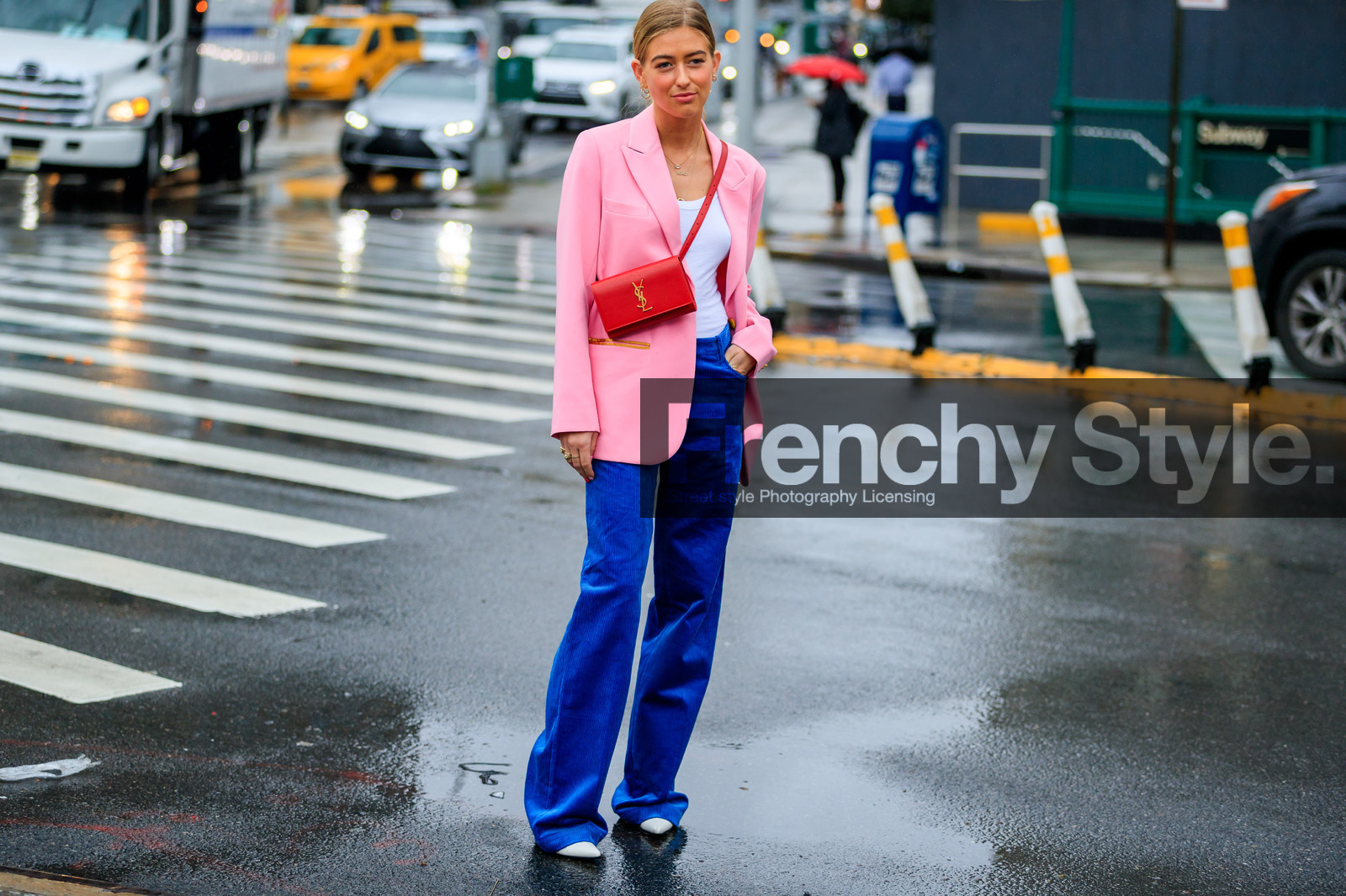 blazer, blue denim, blue pants, corduroy, denim pants, emili sindlev, jeans, leather bag, leather shoes, pink jacket, red bag, saint laurent paris, trousers, white t shirt, street style, jonathan paciullo, FW, frenchystyle, fashion week, NYFW, NEW YORK, SPRING SUMMER 2019, SS 19, atmosphere details, horizontal, full length