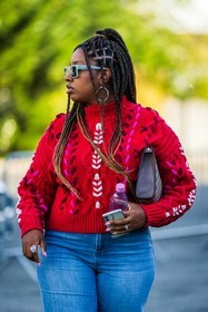 bag, blue denim, blue jean, blue sunglasses, braid, brown bag, denim, earrings, embroidered knitwear, embroidery, hairstyle, hoops, jean, knitwear, red knitwear, sunglasses, street style, jonathan paciullo, FW, frenchystyle, fashion week, PFW, PARIS, SPRING SUMMER 2022, SS 22, vertical, atmosphere details