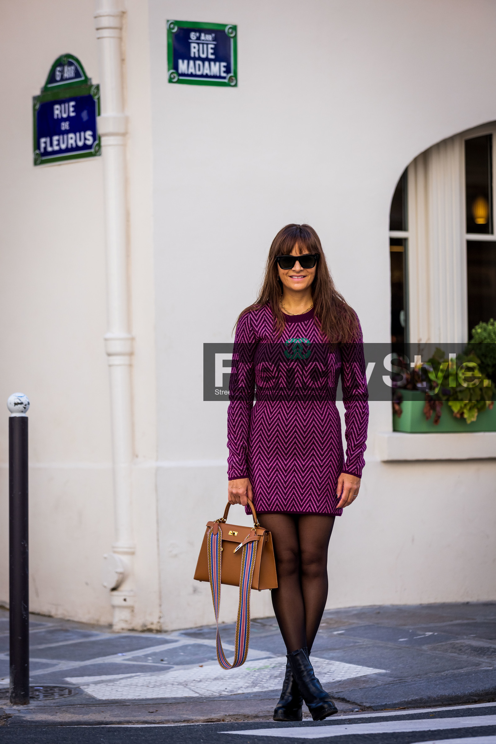 bag, black boots, black sunglasses, boots, camel bag, chanel dress, dress, logo, printed dress, purple dress, sunglasses, fashion week, frenchystyle, FW, jonathan paciullo, street style, PFW, PARIS, SPRING SUMMER 2022, SS 22, vertical, full length