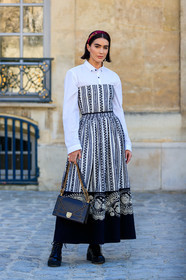 black and white, black bag, black shoes, brittany xavier, bustier dress, christian dior, embroideries, graphic dress, headband, leather bag, leather shoes, printed dress, white dress, white shirt, fashion week, frenchystyle, FW, jonathan paciullo, street style, PFW, PARIS, AUTUMN WINTER 2019-2020, AW 19-20, FALL WINTER 2019-2020, FW 19-20, vertical, full length