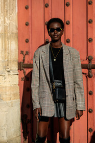 alexander mcqueen, beige jacket, black bag, black skirt, black sweater, blazer, checked, fendi, graphic jacket, leather bag, leather skirt, model, necklace, plaid, pleated skirt, printed jacket, sunglasses, PARIS, PFW, street style, jonathan paciullo, FW, frenchystyle, fashion week, AUTUMN WINTER 2019-2020, AW 19-20, FALL WINTER 2019-2020, FW 19-20, vertical, atmosphere details, detail
