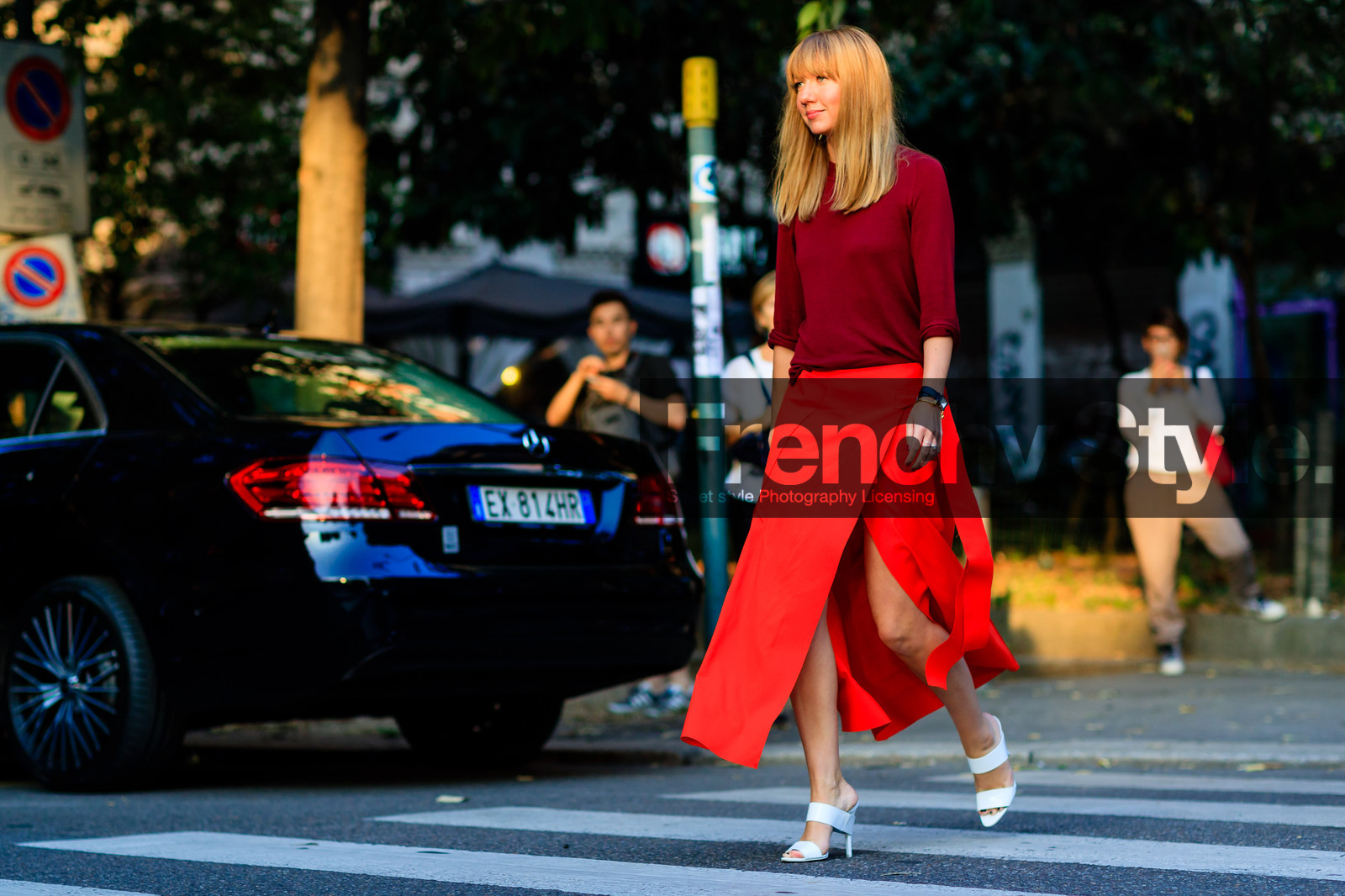 atmosphere details, bordeaux, burgundy, christina paik, fashion week, frenchystyle, full length, FW, horizontal, jonathan paciullo, leather bag, leather shoes, lisa aiken, MFW, MILAN, red skirt, red sweater, SPRING SUMMER 2017, SS 17, street style, sunglasses, white shoes