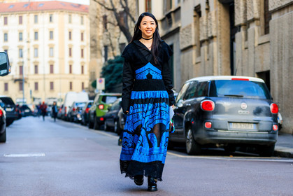 atmosphere details, AUTUMN WINTER 2017-2018, AW 17-18, black dress, black shoes, blue dress, choker, embroidered dress, FALL WINTER 2017-2018, fashion week, frenchystyle, full length, FW, FW 17-18, horizontal, jonathan paciullo, lace dress, leather shoes, long dress, MFW, MILAN, necklace, street style
