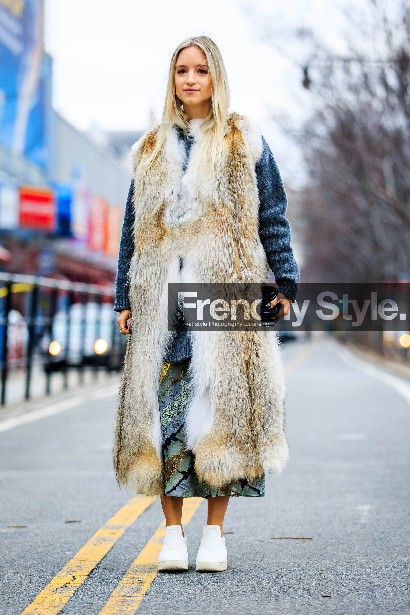 AUTUMN WINTER 2016-2017, AW 16-17, Charlotte Groeneveld, fashion week, frenchystyle, full length, fur coat, FW, FW 16-17, grey sweater, jonathan paciullo, leather slippers, long coat, natural, natural fur, NEW YORK, NYFW, sleeveless, street style, vertical, white slippers, woman