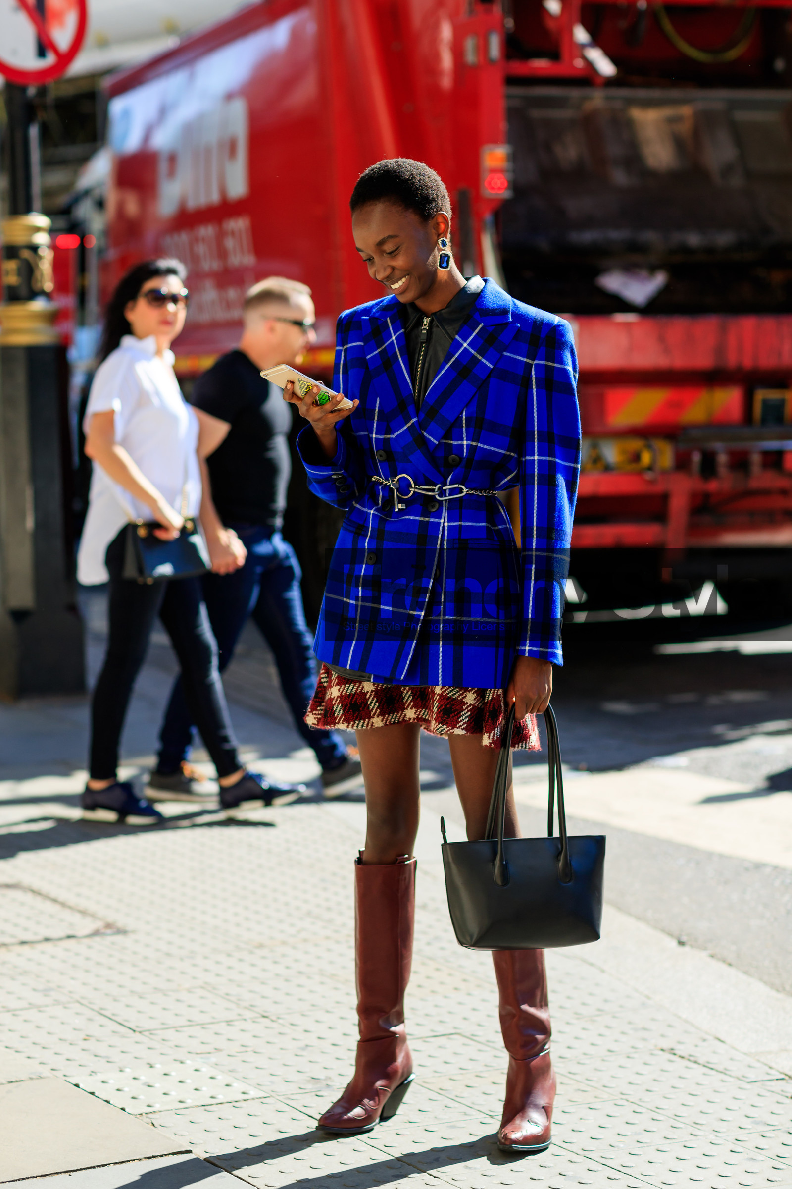 black bag, black shirt, blazer, blue jacket, bordeaux, burgundy, checked, earrings, graphic jacket, graphic skirt, high boots, high heels, leather bag, leather shirt, leather shoes, model, plaid, printed jacket, printed skirt, red boots, red skirt, tartan, fashion week, frenchystyle, FW, jonathan paciullo, street style, LFW, LONDON, SPRING SUMMER 2019, SS 19, vertical, full length